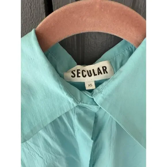 Secular Italy Oversized Button Up Shirt Top Aqua XS O/S 56” Bust Lagenlook $237 - Picture 8 of 12
